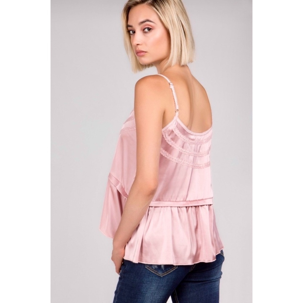 POL Pink Satin Button Front Cami Top with Lace - Picture 3 of 8